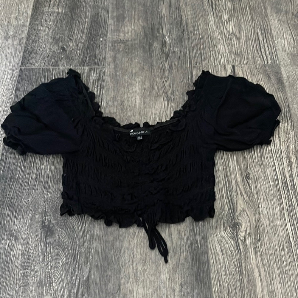 Cotton Candy LA Black Puffy Sleeve Crop Top